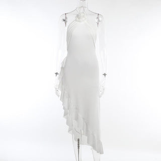 Ruffle solid flower applique halter backless irregular midi dress