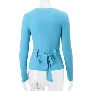 Crewneck long sleeve belt knotted knitted top