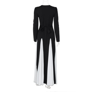 Long sleeve contrast self tie maxi dress