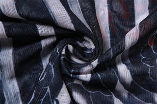 Long sleeve off shoulder sheer mesh print pant set