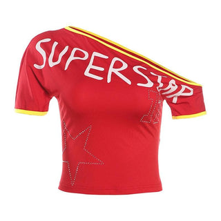 Short sleeve one shoulder â€œsuper starâ€ print top