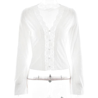 Long sleeve deep V neck lace hem hollow out cut out top