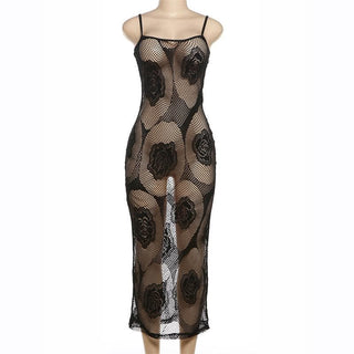 Rose pattern fishnet see through cami midi dress