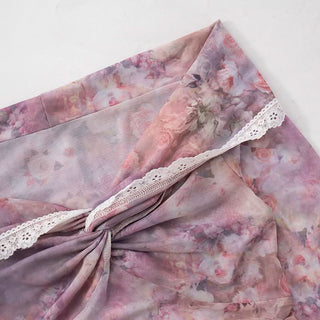 Off shoulder long sleeve flower print lace hem mesh top