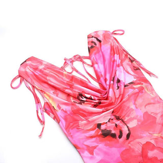 Cowl neck self tie flower print backless maxi dress