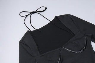 Halter PU leather long sleeve solid square neck bodysuit