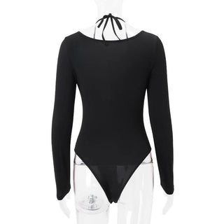 Long sleeve halter self tie v neck button bodysuit