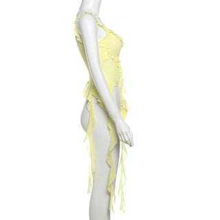 U neck ruffle slit sheer mesh solid cami top