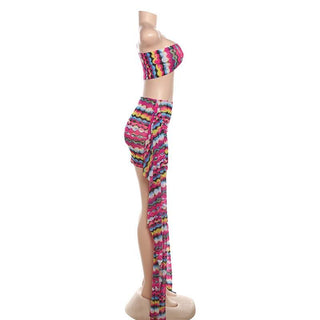 One shoulder irregular mesh print mini skirt set