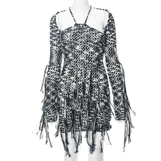 Long sleeve knitted tassels cross back contrast mini dress-final-sale