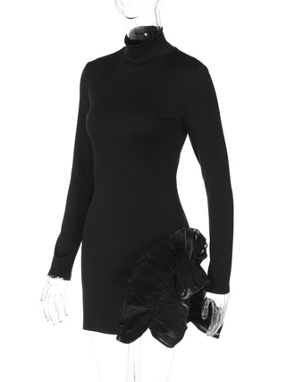 High neck long sleeve ruffle mini dress