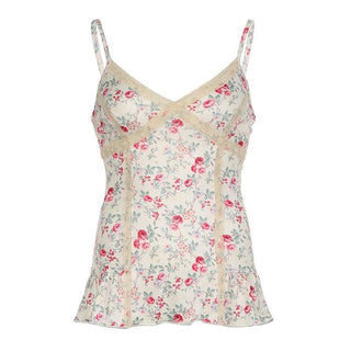 Print v neck lace hem ruffle knotted cami top