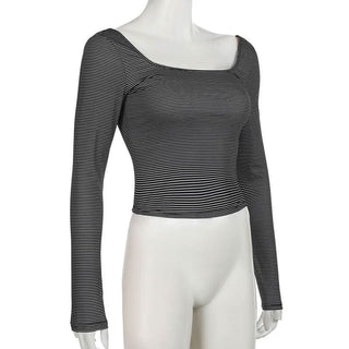 Long sleeve u neck striped backless top