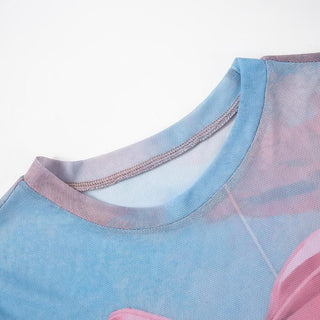 Crew neck short sleeve mesh rabbit print top