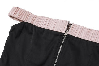 Off shoulder self tie flower applique zip-up button mini skirt set