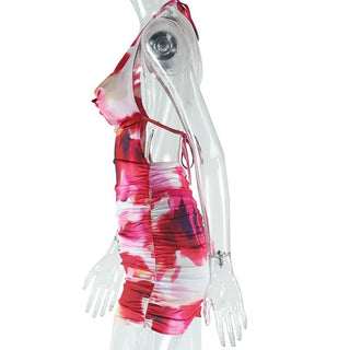 Halter tie dye cowl neck ruched mini dress