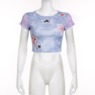Ruffle star pattern contrast cap sleeve tie dye crop top