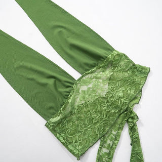 Halter lace hem drawstring ribbed crop pant set