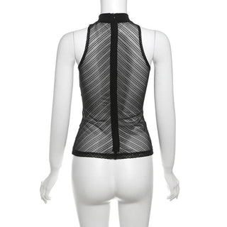 High neck ruched hollow out mesh zip-up tank cut out top