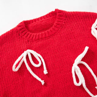 Long sleeve crewneck bowknot knitted top