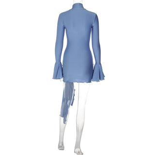 Long flared sleeve high neck ruched mini dress