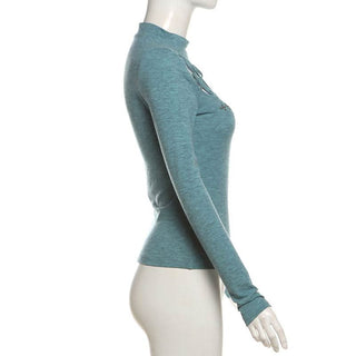 High neck long sleeve beaded cross pattern hollow out cut out top