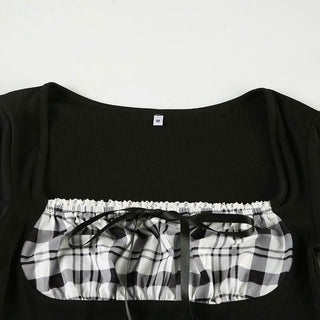 Long sleeve square neck plaid self tie top