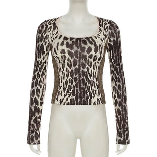 Leopard print long sleeve u neck lace hem top