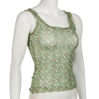 Square neck ruffle sheer mesh flower print tan tank top