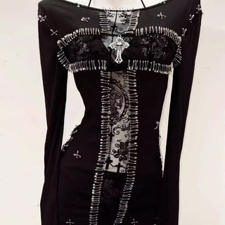 Long sleeve beaded pin applique print top