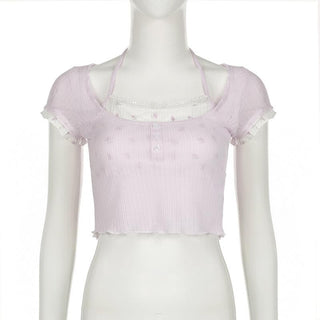 Halter textured print ruffle crop top