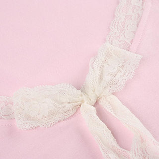 Short sleeve u neck bowknot lace hem top