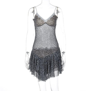 Leopard print lace hem mesh v neck cami mini dress