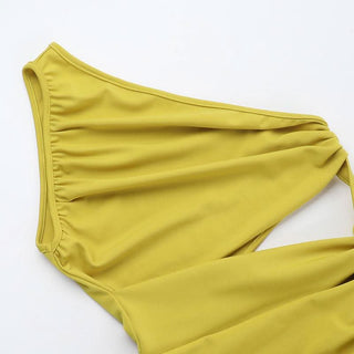 Irregular hollow out slit ruched one shoulder cut out mini dress