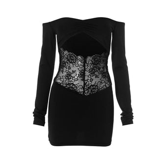 Off shoulder long sleeve hollow out lace cut out mini dress