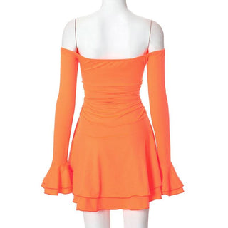 Off shoulder long flared sleeve ruched ruffle mini dress