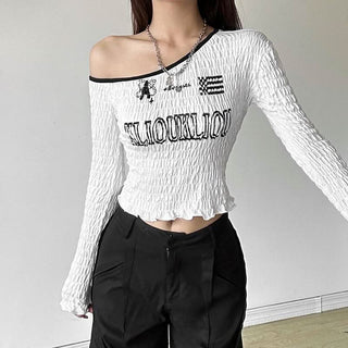 Smocked long sleeve irregular letter pattern ruffle top