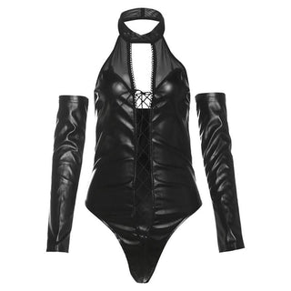 Halter PU leather lace up hollow out gloves bodysuit