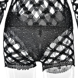 Long sleeve hollow beaded fishnet romper