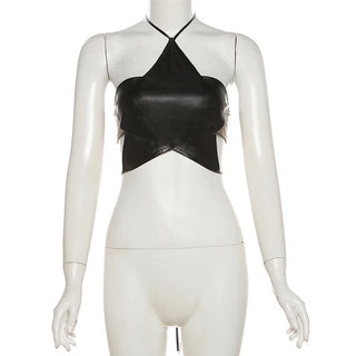 Halter PU leather star pattern backless crop top