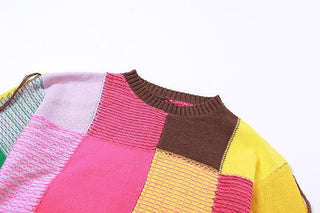 Plaid contrast long sleeve knitted crewneck top