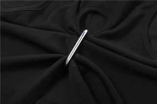 Hollow out sleeveless crewneck ruched solid crop cut out top