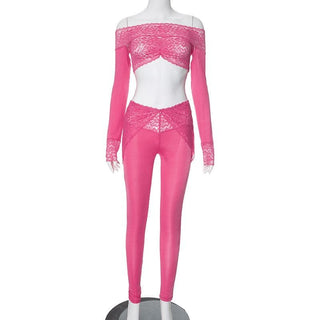 Long sleeve off shoulder see through lace pant set