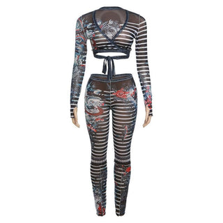 Long sleeve striped dragon print sheer mesh pant set