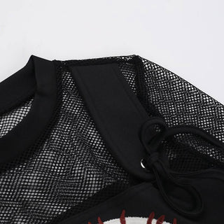 Crewneck long sleeve demon embroidery fishnet patchwork top