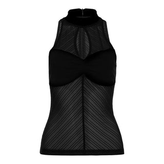 High neck ruched hollow out mesh zip-up tank cut out top