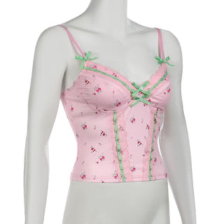 Flower print lace hem bowknot cami top