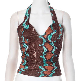 Ruched self tie halter v neck print contrast top