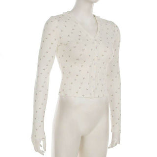 Long sleeve textured flower print button lace hem top