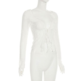 Long sleeve lace ruffle irregular self tie top